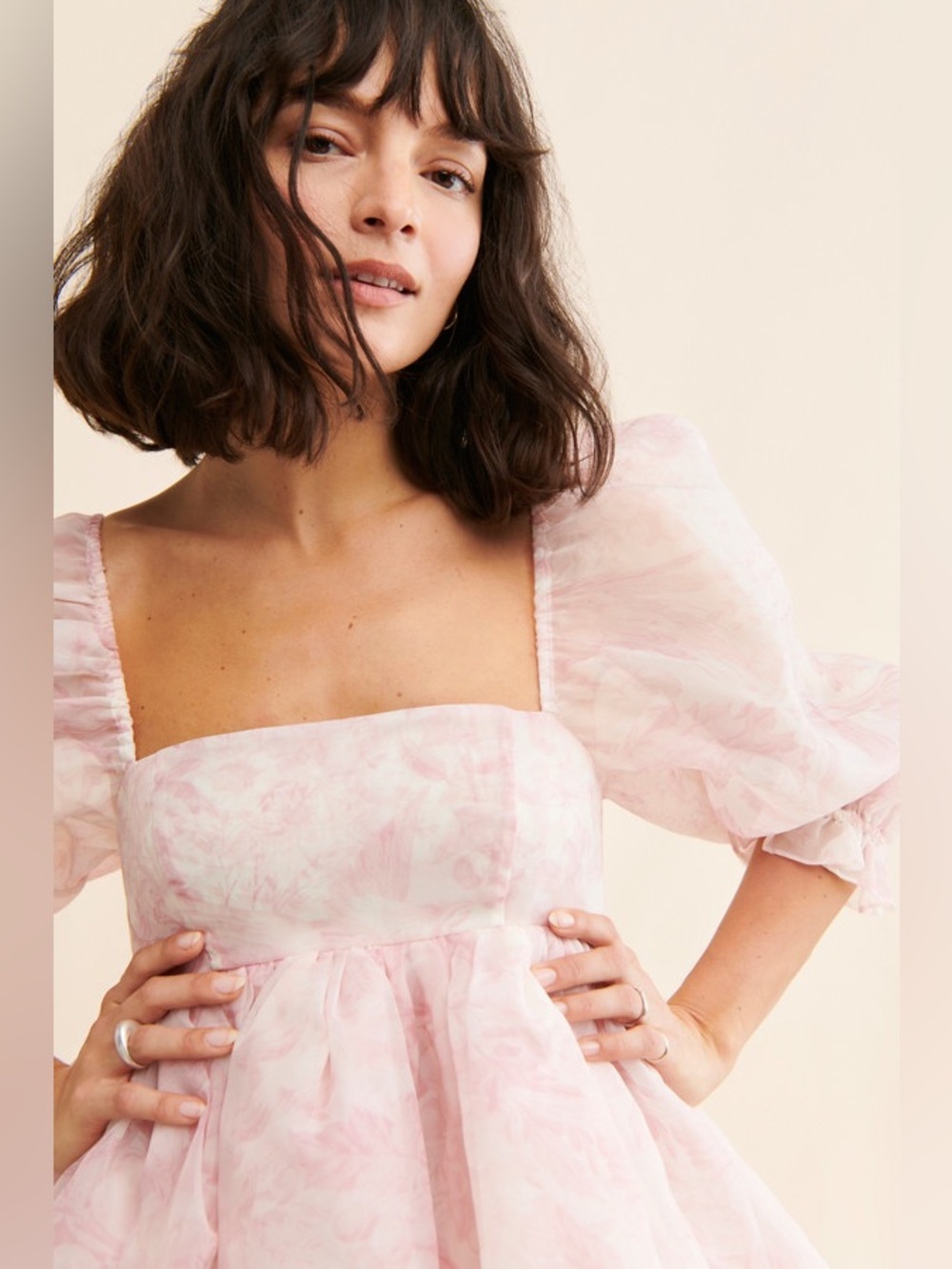 Selkie Puff Sleeve Pink White Floral Organza Babydoll Fairy Mini Dress M - Picture 4 of 9